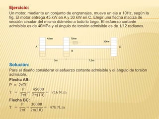 Ejercicio:
Un motor, mediante un conjunto de engranajes, mueve un eje a 10Hz, según la
fig. El motor entrega 45 kW en A y 30 kW en C. Elegir una flecha maciza de
sección circular del mismo diámetro a todo lo largo. El esfuerzo cortante
admisible es de 40MPa y el ángulo de torsión admisible es de 1/12 radianes.
Solución:
Para el diseño considerar el esfuerzo cortante admisible y el ángulo de torsión
admisible.
Flecha AB:
P = 2πTf
T =
P
2πf
=
45000
2π(10)
= 716 N. m
Flecha BC:
T =
P
2πf
=
30000
2π(10)
= 478 N. m
A C
B
3m 7,5m
45kw 75kw
30kw
 