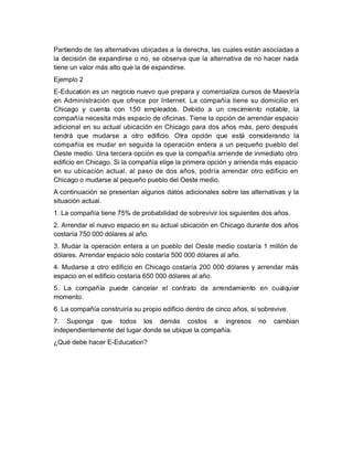 artiendo de las alternativas ubicadas a la derecha! las cuales están asociadas a
la decisión de expandirse o no! se observa que la alternativa de no hacer nada
tiene un valor más alto que la de expandirse.
Eemplo 5
ETEducation es un negocio nuevo que prepara y comercializa cursos de 4aestría
en Administración que ofrece por Vnternet. La compa%ía tiene su domicilio en
#hicago y cuenta con -28 empleados. <ebido a un crecimiento notable! la
compa%ía necesita más espacio de oficinas. ;iene la opción de arrendar espacio
adicional en su actual ubicación en #hicago para dos a%os más! pero despu's
tendrá que mudarse a otro edificio. tra opción que está considerando la
compa%ía es mudar en seguida la operación entera a un peque%o pueblo del
este medio. ,na tercera opción es que la compa%ía arriende de inmediato otro
edificio en #hicago. &i la compa%ía elige la primera opción y arrienda más espacio
en su ubicación actual! al paso de dos a%os! podría arrendar otro edificio en
#hicago o mudarse al peque%o pueblo del este medio.
 A continuación se presentan algunos datos adicionales sobre las alternativas y la
situación actual.
-. La compa%ía tiene 723 de probabilidad de sobrevivir los siguientes dos a%os.
5. Arrendar el nuevo espacio en su actual ubicación en #hicago durante dos a%os
costaría 728 888 dólares al a%o.
0. 4udar la operación entera a un pueblo del este medio costaría - millón de
dólares. Arrendar espacio sólo costaría 288 888 dólares al a%o.
/. 4udarse a otro edificio en #hicago costaría 588 888 dólares y arrendar más
espacio en el edificio costaría 928 888 dólares al a%o.
2. La compa%ía puede cancelar el contrato de arrendamiento en cualquier 
momento.
9. La compa%ía construiría su propio edificio dentro de cinco a%os! si sobrevive.
7. &uponga que todos los demás costos e ingresos no cambian
independientemente del lugar donde se ubique la compa%ía.
*Bu' debe hacer ETEducation+
 