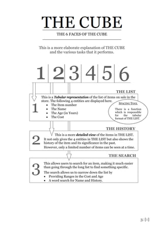 3: [1]
THE LIST
This is a Tabular representation of the list of items on sale in the
store. The following 4 entities are displayed here.
 The Item number
 The Name
 The Age (in Years)
 The Cost
SPACING TOOL
There is a function
which is responsible
for the tabular
format of THE LIST.
1
THE HISTORY
2
This is a more detailed view of the items in THE LIST.
It not only gives the 4 entities in THE LIST but also shows the
history of the item and its significance in the past.
However, only a limited number of items can be seen at a time.
THE SEARCH
3 This allows users to search for an item, making it much easier
than going through the long list to find something specific.
The search allows us to narrow down the list by
 Providing Ranges in the Cost and Age
 A word search for Name and History.
THE 6 FACES OF THE CUBE
This is a more elaborate explanation of THE CUBE
and the various tasks that it performs.
 