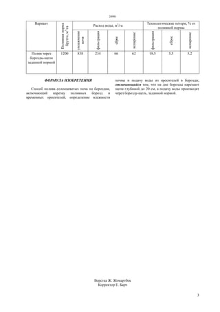 28981
3
Расход воды, м3
/га
Технологические потери, % от
поливной нормы
Вариант
Поливнаянорма
брутто,м3
/га
увлажнение
почв
фильтрация
сброс
испарение
фильтрация
сброс
испарение
Полив через
борозды-щели
заданной нормой
1200 838 234 66 62 19,5 5,5 5,2
ФОРМУЛА ИЗОБРЕТЕНИЯ
Способ полива солонцеватых почв по бороздам,
включающий нарезку поливных борозд и
временных оросителей, определение влажности
почвы и подачу воды из оросителей в борозды,
отличающийся тем, что на дне борозды нарезают
щели глубиной до 20 см, а подачу воды производят
через борозду-щель, заданной нормой.
Верстка Ж. Жомартбек
Корректор Е. Барч
 