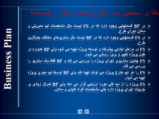 ‫چيست؟‬ ‫وکار‬ ‫کسب‬ ‫طرح‬ ‫با‬ ‫سنجي‬ ‫مکان‬
‫در‬BP‫قسمتهايي‬‫وجود‬‫دارد‬‫که‬‫در‬FS‫نيست‬‫مثل‬‫مشخصات‬‫تيم‬‫مديريتي‬‫و‬
‫مکان‬‫اجراي‬‫طرح‬.
‫در‬FS‫قسمتهايي‬‫وجود‬‫دارد‬‫که‬‫در‬BP‫نيست‬‫مثل‬‫سناريوهاي‬‫مختلف‬‫جايگزين‬
‫طرح‬.
FS‫در‬‫مراحل‬‫ابتدايي‬‫پيشرفت‬‫و‬‫توسعه‬‫پروژه‬‫تهيه‬‫مي‬‫شود‬‫ولي‬BP‫همواره‬‫در‬
‫طول‬‫پروژه‬‫تغيير‬‫و‬‫بروز‬‫رساني‬‫مي‬‫شود‬.
FS‫چندين‬‫سناريوي‬‫اجراي‬‫پروژه‬‫را‬‫بررسي‬‫مي‬‫کند‬‫و‬BP‫فقط‬‫يک‬‫سناريو‬‫را‬
‫بررسي‬‫مي‬‫کند‬.
FS‫را‬‫هر‬‫تيم‬‫خارج‬‫پروژه‬‫مي‬‫تواند‬‫تهيه‬‫کند‬‫ولي‬BP‫توسط‬‫تيم‬‫مجري‬‫پروژه‬
‫تهيه‬‫مي‬‫شود‬.
FS‫پروژه‬‫را‬‫از‬‫ديد‬‫کلي‬‫مورد‬‫ارزيابي‬‫قرار‬‫مي‬‫دهد‬‫ولي‬BP‫تمرکز‬‫زيادي‬‫بر‬
‫جزييات‬‫اجراي‬‫پروژه‬‫دارد‬‫حتي‬‫مشخصات‬‫افراد‬‫کليدي‬‫و‬‫مکان‬.
 