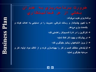 ‫عنوان‬ ‫به‬ ‫ريزي‬‫برنامه‬ ‫ضرورت‬
‫كاري‬‫فعاليت‬ ‫هر‬ ‫از‬ ‫بخشي‬
‫‌ريزي‬‫ه‬‫برنام‬‫خوب‬‫‌تواند‬‫ي‬‫م‬:
‫با‬‫تعيين‬‫‌انداز‬‫م‬‫چش‬‫و‬‫رسالت‬،‫شركتي‬‫مديريت‬‫را‬‫در‬‫دستيابي‬‫به‬‫اهداف‬‫كوتاه‬‫و‬
‫‌مدت‬‫د‬‫بلن‬‫ياري‬‫‌دهد‬‫ي‬‫م‬.
‫كارآفرين‬‫را‬‫در‬‫ادارة‬‫‌وكار‬‫ب‬‫كس‬‫راهنمايي‬‫كند؛‬
‫در‬‫پيشرفت‬‫و‬‫بهبود‬‫كار‬‫كمك‬‫نمايد؛‬
‫از‬‫بروز‬‫اشتباههاي‬‫زيانبار‬‫جلوگيري‬‫كند؛‬
‫‌هاي‬‫د‬‫فرآين‬‫مختلف‬‫کسب‬‫و‬‫کار‬‫را‬‫‌سازي‬‫ه‬‫بهين‬‫كرده‬‫و‬‫از‬‫اتالف‬‫مواد‬،‫اوليه‬‫كار‬‫و‬
‫سرمايه‬‫جلوگيري‬‫نمايد؛‬
3
 