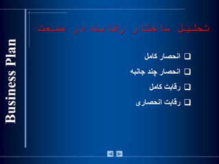 ‫ساختار‬ ‫تحليل‬‫رقابت‬‫صنعت‬ ‫در‬
‫انحصار‬‫کامل‬
‫انحصار‬‫چند‬‫جانبه‬
‫رقابت‬‫کامل‬
‫رقابت‬‫انحصاری‬
 