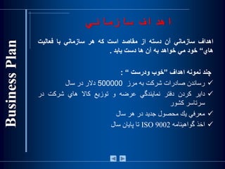 ‫سازماني‬ ‫اهداف‬
‫اهداف‬‫سازماني‬‫آن‬‫دسته‬‫از‬‫مقاصد‬‫است‬‫كه‬‫هر‬‫سازماني‬‫با‬‫فعاليت‬
‫هاي‬“‫‌خود‬‫مي‬‫خواهد‬‫به‬‫آن‬‫ها‬‫دست‬‫يابد‬.
‫چند‬‫نمونه‬‫اهداف‬”‫خوب‬‫و‬‫درست‬“:
‫رساندن‬‫صادرات‬‫شركت‬‫به‬‫مرز‬500000‫دالر‬‫در‬‫سال‬
‫داير‬‫كردن‬‫دفتر‬‫نمايندگي‬‫عرضه‬‫و‬‫توزيع‬‫كاال‬‫هاي‬‫شركت‬‫در‬
‫سرتاسر‬‫کشور‬
‫معرفي‬‫يك‬‫محصول‬‫جديد‬‫در‬‫هر‬‫سال‬
‫اخذ‬‫گواهينامه‬ISO 9002‫تا‬‫پايان‬‫سال‬
 