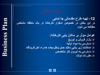 ‫عملیاتی‬ ‫برنامه‬
12-‫تهيه‬‫طرح‬‫مقدماتی‬‫جا‬‫نمايی‬
‫در‬‫اين‬‫بخش‬‫در‬‫خصوص‬‫اسقرار‬‫کارخانه‬‫در‬‫يک‬‫منطقه‬‫مشخص‬
‫مطالعه‬‫می‬‫شود‬.
‫عوامل‬‫موثر‬‫بر‬‫مکان‬‫يابی‬‫کارخانه‬:
‫بازار‬‫فروش‬‫و‬‫توزيع‬
‫دسترسی‬‫به‬‫مواد‬‫اوليه‬
‫امکانات‬‫زير‬‫بنايی‬‫مانند‬‫حمل‬‫ونقل‬-‫جاده‬‫ها‬-‫راه‬‫آهن‬‫فرودگاه‬
‫دسترسی‬‫به‬‫نيروی‬‫کار‬‫متخصص‬
‫مقررات‬‫دولت‬
 