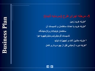 1-‫مرحله‬‫اجرای‬‫طرح‬(‫سرمايه‬‫ثابت‬):
*‫هزينه‬‫خريد‬‫زمين‬
*‫هزينه‬‫خريد‬‫يا‬‫احداث‬‫ساختمان‬‫و‬‫تاسيسات‬‫آن‬
‫ساختمان‌توليد‬/‫اداری‬/‌‌‌‌‌‌‌‌‫آزمايشگاه‬
‫تاسيسات‌گرمايش‬/‫سرمايش‬/‫تهويه‌هوا‬
*‫هزينه‬‫ماشين‬‫آالت‬‫و‬‫تجهيزات‬‫توليد‬
*‫هزينه‬‫دوره‬‫آزمايشی‬‫قبل‬‫از‬‫بهره‬‫برداری‬‫کامل‬
 