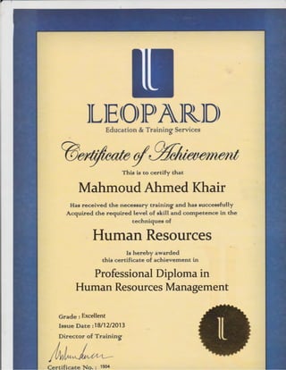 lEd1Uicadon & T1ra~ning SeJrVices
This is to ce1r'dfy that
MahiTioud AhiTied Khair
Has received the necessary training and has successfully
Acqui1red tlhe required level of skill and co1mpetence in the
techni.qlUres of
Human Resources
lis hereby awa1rded
this certificate of achieveme1n.t in
Professional Diploma in
Human Resources Management
GJrade : Excellent
)[ssue Date :18/12/2013
Dill"'ectoll"' of TJrai.n.i.Jrng
kk~Certificate No. : 1504
 