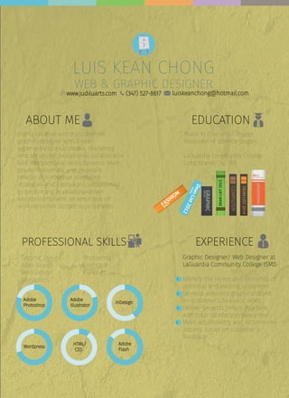 LUIS KEAN CHONG
WEB & GRAPHIC DESIGNER
LUIS KEAN CHONG
WEB & GRAPHIC DESIGNER
ABOUT ME
Highly creative and multitalented
graphic designer with 3-year
experience in multimedia, marketing
and art design. Exceptional collaborative
and interpersonal skills; dynamic team
player. Passionate and inventive
creator of innovative marketing
strategies and campaigns; accustomed
to performing in deadline-driven
environments with an emphasis of
working within budget requirements.
EDUCATION
Major in Fine Arts/ Design
Associate of Science degree
LaGuardia Community College
Long Island City, NY
PROFESSIONAL SKILLS
Graphic Design Photoshop
Logo Design Illustrator
Web Design InDesign
Wordpress
EXPERIENCE
Graphic Designer/ Web Designer at
LaGuardia Community College ISMD
Identify the needs and demands of
potential and existing customers
Develop websites/graphics based
on customer’s business need
Deliver projects before deadline
with total satisfaction guarantee
Make adjustments and recommen-
dations based on customer’s
feedback
www.judiluarts.com (347) 527-8617 luiskeanchong@hotmail.com
Adobe
Photoshop
Adobe
Illustrator
InDesign
Adobe
Flash
Wordpress
HTML/
CSS
ADVERTISING
NO:1
ADVERTISING
DEANLIST2014
the
WORLD
COMPUTER
the
WORLD
DEANLIST2013
GRAPHICDESIGN
DeanList2012
SPRING
FASHION
DESIGN
 