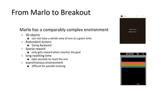 From Marlo to Breakout
Marlo has a comparably complex environment
○ 3D objects
■ can not have a whole view of env at a given time
○ Redundant actions
■ Going Backward
○ Sparse reward
■ only gets reward when reaches the goal
○ long resetting time
■ take seconds to reset the env
○ asynchronous environment
■ difficult for parallel training
 