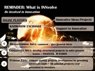 REMINDER: What is INNvolve
ONLINE PLATFORM
KNOW-HOW EXCHANGE
Innovative Ideas/Projects
1 BRAINSTORMING AREA: comment / give general ideas
2
CHALLENGES AREA: develop structured projects to solve present
issues – FINANCIAL REWARDS
Support to Innovation
Be Involved in Innovation
3
STARTUP TANK: support startup projects development by providing
necessary tools + 30 selected projects/year
presented to investors
 