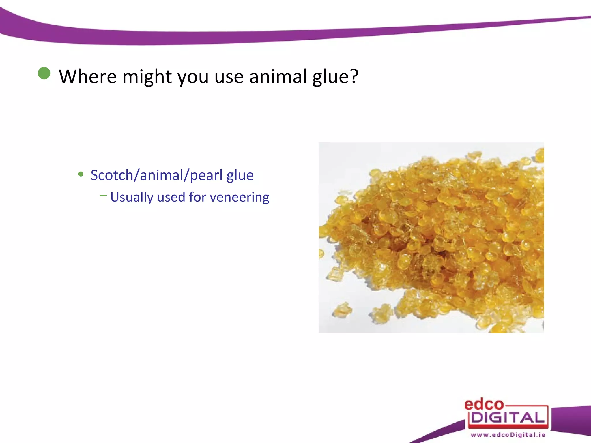  Where might you use animal glue?

• Scotch/animal/pearl glue
− Usually used for veneering

 