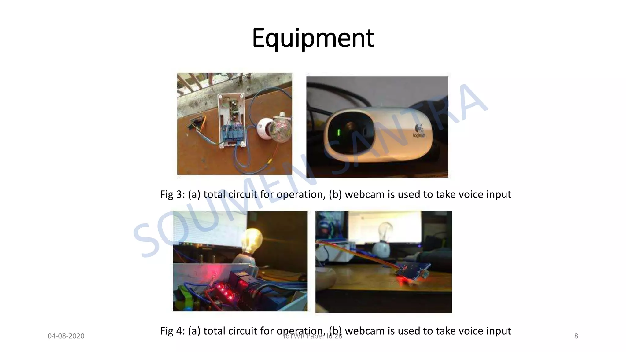 Equipment
Fig 3: (a) total circuit for operation, (b) webcam is used to take voice input
Fig 4: (a) total circuit for operation, (b) webcam is used to take voice input04-08-2020 IoTWR Paper Id 28 8
 