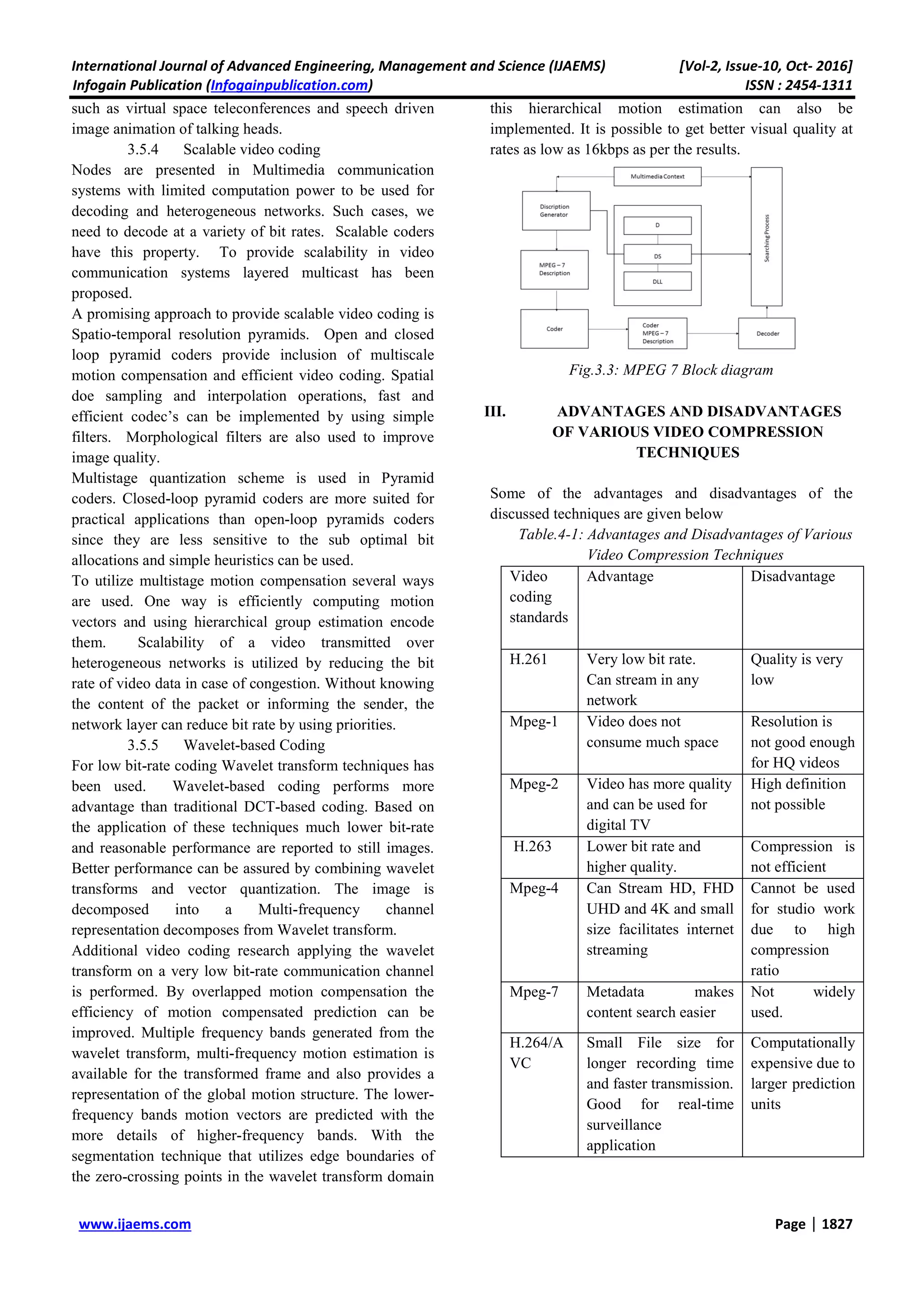 International Journal of Advanced Engineering, Management and Science (IJAEMS) [Vol-2, Issue-10, Oct- 2016]
Infogain Publication (Infogainpublication.com) ISSN : 2454-1311
www.ijaems.com Page | 1827
such as virtual space teleconferences and speech driven
image animation of talking heads.
3.5.4 Scalable video coding
Nodes are presented in Multimedia communication
systems with limited computation power to be used for
decoding and heterogeneous networks. Such cases, we
need to decode at a variety of bit rates. Scalable coders
have this property. To provide scalability in video
communication systems layered multicast has been
proposed.
A promising approach to provide scalable video coding is
Spatio-temporal resolution pyramids. Open and closed
loop pyramid coders provide inclusion of multiscale
motion compensation and efficient video coding. Spatial
doe sampling and interpolation operations, fast and
efficient codec’s can be implemented by using simple
filters. Morphological filters are also used to improve
image quality.
Multistage quantization scheme is used in Pyramid
coders. Closed-loop pyramid coders are more suited for
practical applications than open-loop pyramids coders
since they are less sensitive to the sub optimal bit
allocations and simple heuristics can be used.
To utilize multistage motion compensation several ways
are used. One way is efficiently computing motion
vectors and using hierarchical group estimation encode
them. Scalability of a video transmitted over
heterogeneous networks is utilized by reducing the bit
rate of video data in case of congestion. Without knowing
the content of the packet or informing the sender, the
network layer can reduce bit rate by using priorities.
3.5.5 Wavelet-based Coding
For low bit-rate coding Wavelet transform techniques has
been used. Wavelet-based coding performs more
advantage than traditional DCT-based coding. Based on
the application of these techniques much lower bit-rate
and reasonable performance are reported to still images.
Better performance can be assured by combining wavelet
transforms and vector quantization. The image is
decomposed into a Multi-frequency channel
representation decomposes from Wavelet transform.
Additional video coding research applying the wavelet
transform on a very low bit-rate communication channel
is performed. By overlapped motion compensation the
efficiency of motion compensated prediction can be
improved. Multiple frequency bands generated from the
wavelet transform, multi-frequency motion estimation is
available for the transformed frame and also provides a
representation of the global motion structure. The lower-
frequency bands motion vectors are predicted with the
more details of higher-frequency bands. With the
segmentation technique that utilizes edge boundaries of
the zero-crossing points in the wavelet transform domain
this hierarchical motion estimation can also be
implemented. It is possible to get better visual quality at
rates as low as 16kbps as per the results.
Fig.3.3: MPEG 7 Block diagram
III. ADVANTAGES AND DISADVANTAGES
OF VARIOUS VIDEO COMPRESSION
TECHNIQUES
Some of the advantages and disadvantages of the
discussed techniques are given below
Table.4-1: Advantages and Disadvantages of Various
Video Compression Techniques
Video
coding
standards
Advantage Disadvantage
H.261 Very low bit rate.
Can stream in any
network
Quality is very
low
Mpeg-1 Video does not
consume much space
Resolution is
not good enough
for HQ videos
Mpeg-2 Video has more quality
and can be used for
digital TV
High definition
not possible
H.263 Lower bit rate and
higher quality.
Compression is
not efficient
Mpeg-4 Can Stream HD, FHD
UHD and 4K and small
size facilitates internet
streaming
Cannot be used
for studio work
due to high
compression
ratio
Mpeg-7 Metadata makes
content search easier
Not widely
used.
H.264/A
VC
Small File size for
longer recording time
and faster transmission.
Good for real-time
surveillance
application
Computationally
expensive due to
larger prediction
units
 