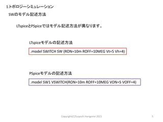 5Copyright(C)Tsuyoshi Horigome 2015
SWのモデル記述方法
.model SWITCH SW (RON=10m ROFF=10MEG Vt=5 Vh=4)
LTspiceモデルの記述方法
1.トポロジーシミュレーション
.model SW1 VSWITCH(RON=10m ROFF=10MEG VON=5 VOFF=4)
PSpiceモデルの記述方法
LTspiceとPSpiceではモデル記述方法が異なります。
 