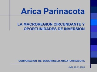 Arica Parinacota
LA MACROREGION CIRCUNDANTE Y
OPORTUNIDADES DE INVERSION
CORPORACION DE DESARROLLO ARICA PARINACOTA
JMB. 28.11.2003
 