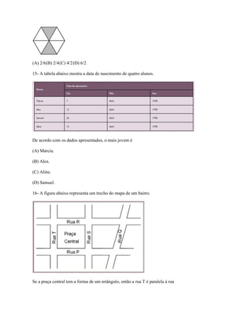 (A) 2/6(B) 2/4(C) 4/2(D) 6/2
15- A tabela abaixo mostra a data de nascimento de quatro alunos.
De acordo com os dados apresentados, o mais jovem é
(A) Márcia.
(B) Alex.
(C) Aline.
(D) Samuel.
16- A figura abaixo representa um trecho do mapa de um bairro.
Se a praça central tem a forma de um retângulo, então a rua T é paralela à rua
 