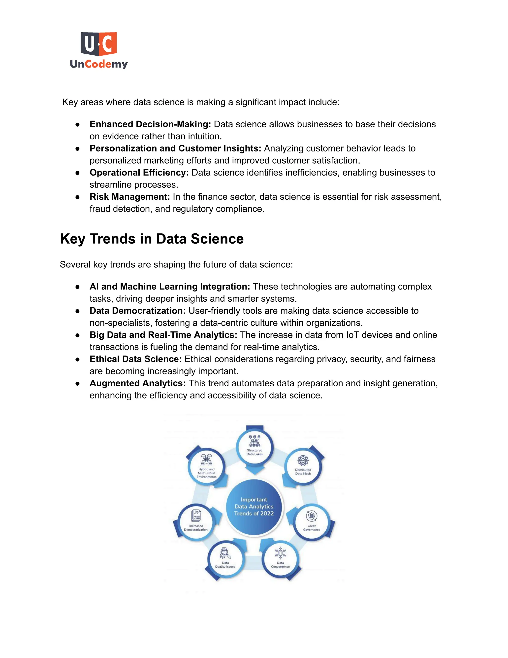 Key areas where data science is making a significant impact include:
● Enhanced Decision-Making: Data science allows businesses to base their decisions
on evidence rather than intuition.
● Personalization and Customer Insights: Analyzing customer behavior leads to
personalized marketing efforts and improved customer satisfaction.
● Operational Efficiency: Data science identifies inefficiencies, enabling businesses to
streamline processes.
● Risk Management: In the finance sector, data science is essential for risk assessment,
fraud detection, and regulatory compliance.
Key Trends in Data Science
Several key trends are shaping the future of data science:
● AI and Machine Learning Integration: These technologies are automating complex
tasks, driving deeper insights and smarter systems.
● Data Democratization: User-friendly tools are making data science accessible to
non-specialists, fostering a data-centric culture within organizations.
● Big Data and Real-Time Analytics: The increase in data from IoT devices and online
transactions is fueling the demand for real-time analytics.
● Ethical Data Science: Ethical considerations regarding privacy, security, and fairness
are becoming increasingly important.
● Augmented Analytics: This trend automates data preparation and insight generation,
enhancing the efficiency and accessibility of data science.
 
