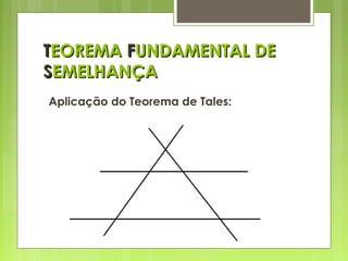 TTEOREMAEOREMA FFUNDAMENTAL DEUNDAMENTAL DE
SSEMELHANÇAEMELHANÇA
Aplicação do Teorema de Tales:
 
