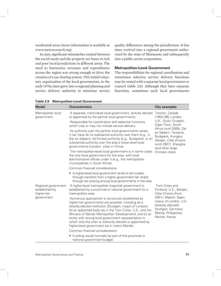 residential areas (more information is available at 
www.metrocouncil.org). 
In sum, significant mismatches existed between 
the social needs and the property tax bases in rich 
and poor local jurisdictions in different areas. The 
need to harmonize revenues and expenditures 
across the region was strong enough to drive the 
creation of a tax sharing system. This initial volun-tary 
organization of the local governments, in the 
early 1970s, later grew into a regional planning and 
service delivery authority to minimize service 
quality differences among the jurisdictions. It has 
since evolved into a regional government autho-rized 
by the state of Minnesota and subsequently 
into a public sector corporation. 
Metropolitan-Level Government 
The responsibilities for regional coordination and 
sometimes selective service delivery functions 
may be vested with a separate local government or 
council (table 2.8). Although they have separate 
functions, sometimes such local governments 
Table 2.8 Metropolitan-Level Government 
Model Characteristics City examples 
Metropolitan local 
government 
A separate, metro-level local government, directly elected 
or appointed by the partner local governments. 
Responsible for coordination and selective functions, 
which may or may not include service delivery. 
Its authority over the partner local governments varies; 
it can have (a) no substantial authority over them (e.g., in 
Dar es Salaam); (b) limited authority (e.g., Budapest); or (c) 
substantial authority over the area’s lower-level local 
governments (London; cities in China). 
The metropolitan-level local government is in some cases 
the only local government for the area, with local 
administrative offices under it (e.g., the metropolitan 
municipalities in South Africa). 
Common financial considerations: 
• A higher-level local government tends to be funded 
through transfers from a higher government tier and/or 
through tax sharing among local governments in the area. 
Toronto, Canada 
(1954–98); London, 
U.K.; Quito, Ecuador; 
Cape Town, South 
Africa (until 2000); Dar 
es Salaam, Tanzania; 
Budapest, Hungary; 
Abidjan, Côte d’Ivoire 
(until 2001); Shanghai 
(and other large 
Chinese cities). 
Regional government 
established by 
higher-tier 
government 
A higher-level metropolitan (regional) government is 
established by a provincial or national government for a 
metropolitan area. 
Numerous approaches to structures established by 
higher-tier governments are possible, including (a) a 
directly elected institution (Stuttgart, mayor of London); 
(b) an appointed body (as in the Twin Cities, U.S., and the 
Ministry of Nairobi Metropolitan Development); and (c) an 
entity with strong local government representation in 
which only the chair is indirectly elected or appointed by 
higher-level government (as in metro Manila). 
Common financial considerations: 
• Funding would normally be part of the provincial or 
national government budget. 
Twin Cities and 
Portland, U.S.; Abidjan, 
Côte d’Ivoire (from 
2001); Madrid, Spain; 
mayor of London, U.K. 
(directly elected); 
Stuttgart, Germany; 
Manila, Philippines; 
Nairobi, Kenya. 
Metropolitan Governance and Finance 71 
 