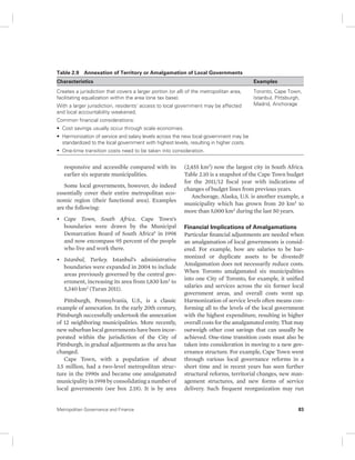 Table 2.9 Annexation of Territory or Amalgamation of Local Governments 
Characteristics Examples 
Creates a jurisdiction that covers a larger portion (or all) of the metropolitan area, 
facilitating equalization within the area (one tax base). 
With a larger jurisdiction, residents’ access to local government may be affected 
and local accountability weakened. 
Common financial considerations: 
• Cost savings usually occur through scale economies. 
• Harmonization of service and salary levels across the new local government may be 
standardized to the local government with highest levels, resulting in higher costs. 
• One-time transition costs need to be taken into consideration. 
responsive and accessible compared with its 
earlier six separate municipalities. 
Some local governments, however, do indeed 
essentially cover their entire metropolitan eco-nomic 
region (their functional area). Examples 
are the following: 
• Cape Town, South Africa. Cape Town’s 
boundaries were drawn by the Municipal 
Demarcation Board of South Africa6 in 1998 
and now encompass 95 percent of the people 
who live and work there. 
• Istanbul, Turkey. Istanbul’s administrative 
boundaries were expanded in 2004 to include 
areas previously governed by the central gov-ernment, 
increasing its area from 1,830 km2 to 
5,340 km2 (Turan 2011). 
Pittsburgh, Pennsylvania, U.S., is a classic 
example of annexation. In the early 20th century, 
Pittsburgh successfully undertook the annexation 
of 12 neighboring municipalities. More recently, 
new suburban local governments have been incor-porated 
within the jurisdiction of the City of 
Pittsburgh, in gradual adjustments as the area has 
changed. 
Cape Town, with a population of about 
3.5 million, had a two-level metropolitan struc-ture 
in the 1990s and became one amalgamated 
municipality in 1998 by consolidating a number of 
local governments (see box 2.18). It is by area 
Toronto, Cape Town, 
Istanbul, Pittsburgh, 
Madrid, Anchorage 
(2,455 km2) now the largest city in South Africa. 
Table 2.10 is a snapshot of the Cape Town budget 
for the 2011/12 fiscal year with indications of 
changes of budget lines from previous years. 
Anchorage, Alaska, U.S. is another example, a 
municipality which has grown from 20 km2 to 
more than 5,000 km2 during the last 50 years. 
Financial Implications of Amalgamations 
Particular financial adjustments are needed when 
an amalgamation of local governments is consid-ered. 
For example, how are salaries to be har-monized 
or duplicate assets to be divested? 
Amalgamation does not necessarily reduce costs. 
When Toronto amalgamated six municipalities 
into one City of Toronto, for example, it unified 
salaries and services across the six former local 
government areas, and overall costs went up. 
Harmonization of service levels often means con-forming 
all to the levels of the local government 
with the highest expenditure, resulting in higher 
overall costs for the amalgamated entity. That may 
outweigh other cost savings that can usually be 
achieved. One-time transition costs must also be 
taken into consideration in moving to a new gov-ernance 
structure. For example, Cape Town went 
through various local governance reforms in a 
short time and in recent years has seen further 
structural reforms, territorial changes, new man-agement 
structures, and new forms of service 
delivery. Such frequent reorganization may run 
Metropolitan Governance and Finance 83 
 