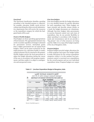 Functional 
The functional classification identifies spending 
according to the intended purpose or objective, 
for example, education, health, social services, 
without specifying the (often several) administra-tive 
departments that will receive the resources 
or the expenditure category for which the bud-geted 
funds will be used. 
Fixed or Flexible Budgets 
Fixed budgets are those specifying appropriations 
of fixed amounts. The appropriated amounts may 
not be exceeded, regardless of changes in demand 
for government services. Earmarked grants 
from a higher government tier are typical fixed 
budgets, which can be spent exclusively for the 
target purposes (e.g., education, health, or roads); 
unspent amounts may be returned to the grantor. 
Flexible budgets permit the local government to 
adjust the budget allocations during the course 
of the year, in accordance with program require-ments, 
and thus enable it to adapt to contingen-cies 
and unexpected events. 
Line-Item Budgets 
Line-item budgets provide for budget allocations 
in a very detailed manner, by specific allocation 
for each expenditure item. These budgets are 
input oriented and describe minute details; as 
a result the budget documents are voluminous. 
Although line-item budgets help governments 
to exercise financial control over each item of 
expenditure, they do not provide flexibility to 
adjust spending in accordance with changes in 
needs and circumstances and do not provide a 
“big picture” view of what resources are being 
used for. Table 3.1 is a copy of the budget snapshot 
of the city of Bangalore, India. 
Program Budgets 
Program budgets provide budget allocations for 
a whole program and expect the budget holder 
to make allocations for the various expenditure 
categories within it. In this method, local gov-ernment 
control is exercised over expenditures 
for the overall program and not over individual 
expenditure items. Program budgets are output 
Table 3.1 Line-Item Expenditure Budget of Bangalore, India 
Source: http://bbmp.gov.in. 
96 Municipal Finances 
 
