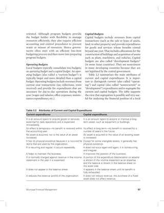 oriented. Although program budgets provide 
the budget holder with flexibility to manage 
resources efficiently, they also require efficient 
accounting and control procedures to prevent 
waste or misuse of resources. Hence govern-ments 
often start with an efficient line-item 
budgeting process and then move into preparing 
program budgets. 
Operating Budgets 
Local budgets typically consolidate two budgets, 
an operating budget and a capital budget. An oper-ating 
budget (also called a “current budget”) is 
typically larger and more detailed than a capital 
budget. Operating budgets include revenues from 
current year transactions (tax collections, rents 
received) and provide for expenditures that are 
necessary for day-to-day operations during the 
year (wages and salaries, office expenses, mainte-nance 
expenditures, etc.). 
Capital Budgets 
Capital budgets include revenues from capital 
transactions (such as the sale or lease of assets, 
land, or other property) and provide expenditures 
for goods and services whose benefits extend 
beyond one year. That includes allocations for the 
construction of buildings and acquisition of assets 
such as plant, machinery, and vehicles. Capital 
budgets are also called “development budgets” 
(in some Asian countries). They are nonexistent 
in many developing countries because they are 
not legislated by the central government. 
Table 3.2 summarizes the main attributes of 
current and capital expenditures. It is impor-tant 
to distinguish current (also called “operat-ing”) 
and capital (also called “nonrecurrent” or 
“development”) expenditures and to segregate the 
current and capital budgets. The table supports 
the view that segregation is possible and very use-ful 
for analyzing the financial position of a local 
Table 3.2 Attributes of Current and Capital Expenditures 
Current expenditures Capital expenditures 
It is an amount spent to acquire goods or services 
essential for daily operations and is expensed 
immediately. 
It is an amount spent to acquire or improve a long-term 
asset, such as equipment or buildings. 
Its effect is temporary—its benefit is received within 
the accounting year. 
Its effect is long term—its benefit is received for a 
number of years in the future. 
No asset is acquired, nor is the value of an asset 
increased. 
An asset is acquired or the value of an existing asset 
is increased. 
It has no physical existence because it is incurred for 
items that are used by the organization. 
Except for some intangible assets, it generally has 
physical existence. 
It is recurring and regular; it occurs repeatedly. It does not occur again and again; it is nonrecurring 
and irregular. 
It helps to maintain the business. It improves the position of the business. 
It is normally charged against revenue in the income 
statement in the year it is expensed. 
A portion of the expenditure (depreciation on assets) 
is shown in the income statement as an expense, 
and the balance is shown in the balance sheet on 
the asset side. 
It does not appear in the balance sheet. It appears in the balance sheet until its benefit is 
fully exhausted. 
It reduces the revenue (profit) of the organization. It does not reduce revenue; the purchase of a fixed 
asset does not affect revenue. 
Municipal Financial Management 97 
 