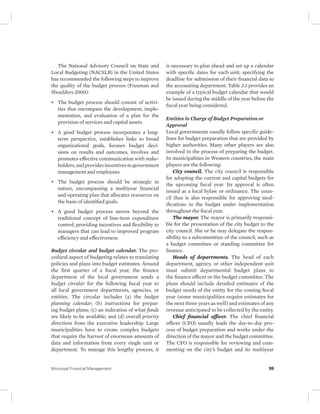 The National Advisory Council on State and 
Local Budgeting (NACSLB) in the United States 
has recommended the following steps to improve 
the quality of the budget process (Freeman and 
Shoulders 2000): 
• The budget process should consist of activi-ties 
that encompass the development, imple-mentation, 
and evaluation of a plan for the 
provision of services and capital assets. 
• A good budget process incorporates a long-term 
perspective, establishes links to broad 
organizational goals, focuses budget deci-sions 
on results and outcomes, involves and 
promotes effective communication with stake-holders, 
and provides incentives to government 
management and employees. 
• The budget process should be strategic in 
nature, encompassing a multiyear financial 
and operating plan that allocates resources on 
the basis of identified goals. 
• A good budget process moves beyond the 
traditional concept of line-item expenditure 
control, providing incentives and flexibility to 
managers that can lead to improved program 
efficiency and effectiveness. 
Budget circular and budget calendar. The pro-cedural 
aspect of budgeting relates to translating 
policies and plans into budget estimates. Around 
the first quarter of a fiscal year, the finance 
department of the local government sends a 
budget circular for the following fiscal year to 
all local government departments, agencies, or 
entities. The circular includes (a) the budget 
planning calendar; (b) instructions for prepar-ing 
budget plans; (c) an indication of what funds 
are likely to be available; and (d) overall priority 
directions from the executive leadership. Large 
municipalities have to create complex budgets 
that require the harvest of enormous amounts of 
data and information from every single unit or 
department. To manage this lengthy process, it 
is necessary to plan ahead and set up a calendar 
with specific dates for each unit, specifying the 
deadline for submission of their financial data to 
the accounting department. Table 3.3 provides an 
example of a typical budget calendar that would 
be issued during the middle of the year before the 
fiscal year being considered. 
Entities in Charge of Budget Preparation or 
Approval 
Local governments usually follow specific guide-lines 
for budget preparation that are provided by 
higher authorities. Many other players are also 
involved in the process of preparing the budget. 
In municipalities in Western countries, the main 
players are the following: 
City council. The city council is responsible 
for adopting the current and capital budgets for 
the upcoming fiscal year. Its approval is often 
issued as a local bylaw or ordinance. The coun-cil 
thus is also responsible for approving mod-ifications 
to the budget under implementation 
throughout the fiscal year. 
The mayor. The mayor is primarily responsi-ble 
for the presentation of the city budget to the 
city council. She or he may delegate the respon-sibility 
to a subcommittee of the council, such as 
a budget committee or standing committee for 
finance. 
Heads of departments. The head of each 
department, agency, or other independent unit 
must submit departmental budget plans to 
the finance officer or the budget committee. The 
plans should include detailed estimates of the 
budget needs of the entity for the coming fiscal 
year (some municipalities require estimates for 
the next three years as well) and estimates of any 
revenue anticipated to be collected by the entity. 
Chief financial officer. The chief financial 
officer (CFO) usually leads the day-to-day pro-cess 
of budget preparation and works under the 
direction of the mayor and the budget committee. 
The CFO is responsible for reviewing and com-menting 
on the city’s budget and its multiyear 
Municipal Financial Management 99 
 