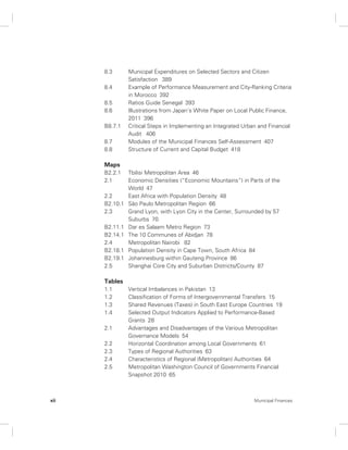 8.3 Municipal Expenditures on Selected Sectors and Citizen 
Satisfaction 389 
8.4 Example of Performance Measurement and City-Ranking Criteria 
in Morocco 392 
8.5 Ratios Guide Senegal 393 
8.6 Illustrations from Japan’s White Paper on Local Public Finance, 
2011 396 
B8.7.1 Critical Steps in Implementing an Integrated Urban and Financial 
Audit 406 
8.7 Modules of the Municipal Finances Self-Assessment 407 
8.8 Structure of Current and Capital Budget 418 
Maps 
B2.2.1 Tbilisi Metropolitan Area 46 
2.1 Economic Densities (“Economic Mountains”) in Parts of the 
World 47 
2.2 East Africa with Population Density 48 
B2.10.1 São Paulo Metropolitan Region 66 
2.3 Grand Lyon, with Lyon City in the Center, Surrounded by 57 
Suburbs 70 
B2.11.1 Dar es Salaam Metro Region 73 
B2.14.1 The 10 Communes of Abidjan 78 
2.4 Metropolitan Nairobi 82 
B2.18.1 Population Density in Cape Town, South Africa 84 
B2.19.1 Johannesburg within Gauteng Province 86 
2.5 Shanghai Core City and Suburban Districts/County 87 
Tables 
1.1 Vertical Imbalances in Pakistan 13 
1.2 Classification of Forms of Intergovernmental Transfers 15 
1.3 Shared Revenues (Taxes) in South East Europe Countries 19 
1.4 Selected Output Indicators Applied to Performance-Based 
Grants 28 
2.1 Advantages and Disadvantages of the Various Metropolitan 
Governance Models 54 
2.2 Horizontal Coordination among Local Governments 61 
2.3 Types of Regional Authorities 63 
2.4 Characteristics of Regional (Metropolitan) Authorities 64 
2.5 Metropolitan Washington Council of Governments Financial 
Snapshot 2010 65 
xii Municipal Finances 
 