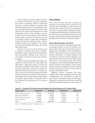 Variance analysis is a tool to evaluate variances 
in revenues and expenses. It reveals whether the 
government is operating within its authorized 
resources. A variance, positive or negative, often 
calls for explanations. Thus, it is important to ana-lyze 
and understand the causes of variances and 
take corrective action. Not all variances are worth 
investigation, however. For example, a variance 
of only 1 percent of spending is well within the 
normal range. A variance of 10 percent or more 
in spending is likely to signal that something is 
wrong and warrants attention. Proper variance 
analysis requires some thought to (a) analyze 
the variances, (b) identify the causes, and (c) take 
appropriate action. 
Variances can occur for many reasons, such 
as changes in funding levels due to inflation, 
population change, or government funding deci-sions 
and policies. Changes in the cost of ser-vices, 
labor, or material can also cause variances 
in budgets. 
Table 3.5 presents an example of a variance cal-culation 
for expense items of a water utility. The 
table shows a huge total variance of 35 percent 
that deserves attention and remedies. First, each 
cost item needs close scrutiny. For example, we 
might find that the increased cost of water pro-vision 
is due to an increased energy tariff, which 
would be beyond the control of management. 
Meanwhile, the cost of fee collection has jumped 
by $11,000, which could be acceptable only if 
fees collected had experienced an even greater 
increase. 
Accounting 
This section discusses the basic concepts and 
principles of accounting, with an overview of its 
subject matter. The objective of the section is to 
introduce the reader to the role of accounting as 
the basis for documenting, classifying, and orga-nizing 
financial information in a systematic man-ner. 
The section also provides a brief overview of 
the types of accounting and their relationship to 
auditing and the various accounting standards. 
Accounting Concepts and Terms 
The role of accounting in managing organizations. 
Accounting systems are used to provide com-plete, 
timely, and accurate information concern-ing 
revenues, expenditures, assets, and liabilities. 
Within a local government, accounting records 
provide information on billing taxpayers and 
receiving tax payments, paying employees, and 
paying vendors and contractors for goods, work, 
and services. Accounting systems also inform 
management and external stakeholders about the 
financial resources, the efficiency of the organi-zation’s 
financial management, and its financial 
position during and at the end of the financial 
year (Lee and Johnson 1998). 
Difference between accounting and book-keeping. 
People often mistakenly use the terms 
“bookkeeping” and “accounting” to mean the 
same thing. Accounting is concerned with iden-tifying 
how transactions and events should be 
described in financial reports. It is also concerned 
Table 3.5 Example of Variances between Budgeted and Actual Expenses for a Water Utility 
Expense item Budget ($) Actual ($) Variance ($) Variance (%) 
Cost of water provision 140,000 $190,000 50,000 U 36 
Cost of fee collection 28,000 39,000 11,000 U 39 
Administrative expense 60,000 85,000 25,000 U 42 
Other expenses 12,000 10,500 −1,500 F −13 
Total 240,000 $324,500 84,500 U 35 
Note: U = unfavorable variance; F = favorable variance. 
Municipal Financial Management 109 
 
