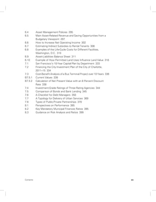 6.4 Asset Management Policies 295 
6.5 Main Asset-Related Revenue and Saving Opportunities from a 
Budgetary Viewpoint 297 
6.6 How to Increase Net Operating Income 302 
6.7 Estimating Indirect Subsidies to Rental Tenants 306 
6.8 Examples of the Life-Cycle Costs for Different Facilities, 
Washington, D.C. 310 
6.9 Asset-Liabilities Balance Sheet 311 
6.10 Example of How Permitted Land Uses Influence Land Value 316 
7.1 San Francisco’s 10-Year Capital Plan by Department 333 
7.2 Financing the City Investment Plan of the City of Charlotte, 
2011–15 334 
7.3 Cost-Benefit Analysis of a Bus Terminal Project over 10 Years 336 
B7.5.1 Current Values 338 
B7.5.2 Calculation of Net Present Value with an 8 Percent Discount 
Rate 338 
7.4 Investment-Grade Ratings of Three Rating Agencies 344 
7.5 Comparison of Bonds and Bank Lending 345 
7.6 A Checklist for Debt Managers 350 
7.7 A Typology for Delivery of Urban Services 369 
7.8 Types of Public-Private Partnerships 370 
8.1 Perspectives on Performance 385 
8.2 Key Mandatory Municipal Finances Ratios 395 
8.3 Guidance on Risk Analysis and Ratios 399 
Contents xv 
 