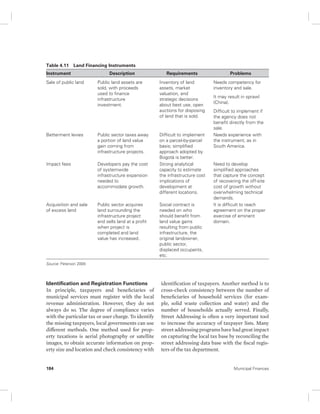 Table 4.11 Land Financing Instruments 
Instrument Description Requirements Problems 
Sale of public land Public land assets are 
sold, with proceeds 
used to finance 
infrastructure 
investment. 
Betterment levies Public sector taxes away 
a portion of land value 
gain coming from 
infrastructure projects. 
Impact fees Developers pay the cost 
of systemwide 
infrastructure expansion 
needed to 
accommodate growth. 
Acquisition and sale 
of excess land 
Public sector acquires 
land surrounding the 
infrastructure project 
and sells land at a profit 
when project is 
completed and land 
value has increased. 
Source: Peterson 2009. 
Identification and Registration Functions 
In principle, taxpayers and beneficiaries of 
municipal services must register with the local 
revenue administration. However, they do not 
always do so. The degree of compliance varies 
with the particular tax or user charge. To identify 
the missing taxpayers, local governments can use 
different methods. One method used for prop-erty 
taxations is aerial photography or satellite 
images, to obtain accurate information on prop-erty 
size and location and check consistency with 
Inventory of land 
assets, market 
valuation, and 
strategic decisions 
about best use, open 
auctions for disposing 
of land that is sold. 
Needs competency for 
inventory and sale. 
It may result in sprawl 
(China). 
Difficult to implement if 
the agency does not 
benefit directly from the 
sale. 
Difficult to implement 
on a parcel-by-parcel 
basis; simplified 
approach adopted by 
Bogotá is better. 
Needs experience with 
the instrument, as in 
South America. 
Strong analytical 
capacity to estimate 
the infrastructure cost 
implications of 
development at 
different locations. 
Need to develop 
simplified approaches 
that capture the concept 
of recovering the off-site 
cost of growth without 
overwhelming technical 
demands. 
Social contract is 
needed on who 
should benefit from 
land value gains 
resulting from public 
infrastructure, the 
original landowner, 
public sector, 
displaced occupants, 
etc. 
It is difficult to reach 
agreement on the proper 
exercise of eminent 
domain. 
identification of taxpayers. Another method is to 
cross-check consistency between the number of 
beneficiaries of household services (for exam-ple, 
solid waste collection and water) and the 
number of households actually served. Finally, 
Street Addressing is often a very important tool 
to increase the accuracy of taxpayer lists. Many 
street addressing programs have had great impact 
on capturing the local tax base by reconciling the 
street addressing data base with the fiscal regis-ters 
of the tax department. 
184 Municipal Finances 
 
