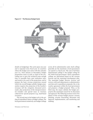 Figure 4.7 The Revenue Budget Cycle 
1. The formulation phase: 
Political priorities are 
identified and plans formulated. 
2. The approval phase: 
Local government 
approves the draft 
budget. 
4. The monitoring phase: 
Authorities follow the 
revenue generation plan 
and spending commitments. 
3. The implementation phase: 
Revenue is generated and 
spent according to the budget. 
details on budgeting). The cycle spans one year 
and is repeated every fiscal year. In countries 
where the budget year starts with the calendar 
year (i.e., from January to December), budget 
preparation starts as early as April of the pre-ceding 
year to give the technical team enough 
time to assemble facts, past realization rates, 
and trends to be used in the projections, and to 
prepare the basic revenue projections around 
which the overall budget unfolds. Budget prep-aration 
requires the projection of the locality’s 
revenues (all the categories discussed previ-ously), 
plus projections of the intergovernmen-tal 
transfers and special taxes or revenues 
collected for special purposes (e.g., land-based 
revenues). 
The second step in the budget cycle is the set-ting 
of expenditure limits or budget ceilings. The 
local government tentatively sets budget ceilings 
across all its administrative units. Such ceilings 
generally are the maximum a local government 
can spend in a fiscal year. The sum of all these 
departmental ceilings is the budget ceiling for 
the whole local government. These expenditure 
ceilings are determined based on the revenue 
forecast and the municipal development plan. 
The municipal budget director receives and 
reviews with each department or administrative 
unit that unit’s expenditure proposals. He or she 
reaches agreement within the local government 
and prepares a budget proposal. Then, as the 
third step, the mayor submits the budget pro-posal 
to the municipal council for its discussion 
and approval. The following sections review five 
phases of the revenue budget process: revenue 
planning, revenue forecasting, discussion and 
approval, implementation, and monitoring and 
auditing. 
Managing Local Revenues 195 
 