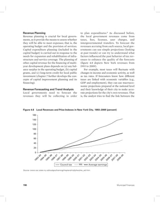 Revenue Planning 
Revenue planning is crucial for local govern-ments, 
as it provide the means to assess whether 
they will be able to meet expenses; that is, the 
operating budget and the provision of services. 
Capital expenditure planning (included in the 
capital budget) is carried out in response to the 
needs for expansion and rehabilitation of infra-structure 
and service coverage. The planning of 
other capital revenue for the financing of multi-year 
development plans depends on (a) any bal-ance 
surplus in the operating budget, (b) capital 
grants, and (c) long-term credit for local public 
investment (chapter 7 further develops the con-cepts 
of capital improvement planning and its 
financing). 
Revenue Forecasting and Trend Analysis 
Local governments need to forecast the 
revenues they will be collecting in order 
to plan expenditures.8 As discussed before, 
the local government revenues come from 
taxes, fees, licenses, user charges, and 
intergovernmental transfers. To forecast the 
revenues accruing from each source, local gov-ernments 
can use simple projections (looking 
at past trends) or can try to understand what 
factors influenced the past behavior of tax rev-enues 
to enhance the quality of the forecasts 
( figure 4.8 depicts New York revenues from 
1993 to 2009). 
For example, most taxes will fluctuate with 
changes in income and economic activity, as well 
as tax rates. If forecasters know how different 
taxes are linked with economic variables (e.g., 
GDP and employment), they can use macroeco-nomic 
projections prepared at the national level 
and their knowledge of their city to make accu-rate 
projections for the city’s own revenues. That 
is, the analyst tries to find the link between the 
Figure 4.8 Local Revenues and Price Indexes in New York City, 1993–2009 (percent) 
160 
140 
120 
100 
80 
60 
40 
20 
0 
1993–94 
1994–95 
1995–96 
1996–97 
1997–98 
1998–99 
1999–00 
2000–01 
2001–02 
2002–03 
2003–04 
2004–05 
2005–06 
2006–07 
2007–08 
2008–09 
Council tax PPI Average earnings 
Source: www.osc.state.ny.us/localgov/training/chapters/myfp/two/rev_aid.htm. 
196 Municipal Finances 
 