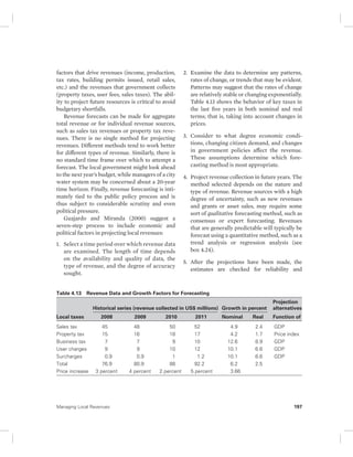 factors that drive revenues (income, production, 
tax rates, building permits issued, retail sales, 
etc.) and the revenues that government collects 
(property taxes, user fees, sales taxes). The abil-ity 
to project future resources is critical to avoid 
budgetary shortfalls. 
Revenue forecasts can be made for aggregate 
total revenue or for individual revenue sources, 
such as sales tax revenues or property tax reve-nues. 
There is no single method for projecting 
revenues. Different methods tend to work better 
for different types of revenue. Similarly, there is 
no standard time frame over which to attempt a 
forecast. The local government might look ahead 
to the next year’s budget, while managers of a city 
water system may be concerned about a 20-year 
time horizon. Finally, revenue forecasting is inti-mately 
tied to the public policy process and is 
thus subject to considerable scrutiny and even 
political pressure. 
Guajardo and Miranda (2000) suggest a 
seven-step process to include economic and 
political factors in projecting local revenues: 
1. Select a time period over which revenue data 
are examined. The length of time depends 
on the availability and quality of data, the 
type of revenue, and the degree of accuracy 
sought. 
2. Examine the data to determine any patterns, 
rates of change, or trends that may be evident. 
Patterns may suggest that the rates of change 
are relatively stable or changing exponentially. 
Table 4.13 shows the behavior of key taxes in 
the last five years in both nominal and real 
terms; that is, taking into account changes in 
prices. 
3. Consider to what degree economic condi-tions, 
changing citizen demand, and changes 
in government policies affect the revenue. 
These assumptions determine which fore-casting 
method is most appropriate. 
4. Project revenue collection in future years. The 
method selected depends on the nature and 
type of revenue. Revenue sources with a high 
degree of uncertainty, such as new revenues 
and grants or asset sales, may require some 
sort of qualitative forecasting method, such as 
consensus or expert forecasting. Revenues 
that are generally predictable will typically be 
forecast using a quantitative method, such as a 
trend analysis or regression analysis (see 
box 4.24). 
5. After the projections have been made, the 
estimates are checked for reliability and 
Table 4.13 Revenue Data and Growth Factors for Forecasting 
Local taxes 
Historical series (revenue collected in US$ millions) Growth in percent 
Projection 
alternatives 
2008 2009 2010 2011 Nominal Real Function of 
Sales tax 45 48 50 52 4.9 2.4 GDP 
Property tax 15 16 18 17 4.2 1.7 Price index 
Business tax 7 7 9 10 12.6 8.9 GDP 
User charges 9 9 10 12 10.1 6.6 GDP 
Surcharges 0.9 0.9 1 1.2 10.1 6.6 GDP 
Total 76.9 80.9 88 92.2 6.2 2.5 
Price increase 3 percent 4 percent 2 percent 5 percent 3.66 
Managing Local Revenues 197 
 