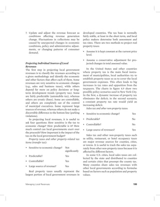 7. Update and adjust the revenue forecast as 
conditions affecting revenue generation 
change. Fluctuations in collections may be 
caused by unexpected changes in economic 
conditions, policy and administrative adjust-ments, 
or changing patterns of consumer 
demand. 
Projecting Individual Sources of Local 
Revenues 
The first step in projecting local government 
revenues is to classify the revenues according to 
a given methodology and identify the economic 
and other factors that affect each of them. Some 
revenues are very sensitive to economic changes 
(e.g., sales and business taxes), while others 
depend far more on policy decisions or long-term 
development trends (property tax). Some 
are fairly predictable (automobile tax), whereas 
others are erratic (fines). Some are controllable, 
and others are completely out of the control 
of municipal executives. Some represent large 
sources of revenue, whereas others do not make a 
discernible difference to the bottom line (parking 
violations). 
In projecting local revenues, it is useful to 
ask four questions: How sensitive is the tax to 
economic change? How predictable is it? How 
much control can local governments exert over 
the proceeds? How important is the impact of the 
tax on the local government budget? 
Property taxes and other property-related tax 
items (transfer tax): 
• Sensitive to economic change? Not 
significantly 
• Predictable? Yes 
• Controllable? Yes 
• Large source of revenue? Yes 
Real property taxes usually represent the 
largest portion of local government revenues in 
developed countries. The tax base is normally 
fairly stable, at least in the short term, and local 
policy makers determine both assessment and 
tax rates. There are two methods to project real 
property taxes: 
• Assume it is kept constant at the current price 
level. 
• Assume a conservative adjustment for pro-jected 
changes in total assessed value. 
In the United States and other countries 
where property tax is the main fiscal instru-ment 
of municipalities, local authorities try to 
establish property taxes so as to cover the local 
government expenses. This often leads to big 
increases in tax rates and opposition from the 
taxpayers. The charts in figure 4.9 show two 
possible policy scenarios used in New York City. 
In the first, a dynamic increase of property tax 
eliminates the deficit; in the second scenario, 
a constant property tax rate would yield an 
increasing deficit. 
Sales tax and other non-property taxes: 
• Sensitive to economic change? Yes 
• Predictable? No 
• Controllable? No 
• Large source of revenues? Yes 
Sales tax and other non-property taxes such 
as utility, restaurant, or hotel occupancy taxes 
are major revenue sources for counties, cities, 
or towns. It is useful to track the sales tax sepa-rately 
from other non-property taxes because it is 
affected by different factors. 
In some U.S. cities, local sales taxes are col-lected 
by the state and distributed to counties 
and certain cities that preempt the county tax. 
Many counties share sales tax revenues with 
other local governments according to formulas 
based on factors such as population and property 
values. 
Managing Local Revenues 199 
 