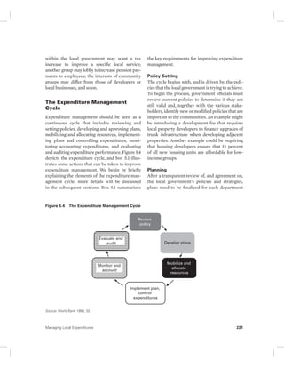 within the local government may want a tax 
increase to improve a specific local service; 
another group may lobby to increase pension pay-ments 
to employees; the interests of community 
groups may differ from those of developers or 
local businesses, and so on. 
The Expenditure Management 
Cycle 
Expenditure management should be seen as a 
continuous cycle that includes reviewing and 
setting policies, developing and approving plans, 
mobilizing and allocating resources, implement-ing 
plans and controlling expenditures, moni-toring 
accounting expenditures, and evaluating 
and auditing expenditure performance. Figure 5.4 
depicts the expenditure cycle, and box 5.1 illus-trates 
some actions that can be taken to improve 
expenditure management. We begin by briefly 
explaining the elements of the expenditure man-agement 
cycle; more details will be discussed 
in the subsequent sections. Box 5.1 summarizes 
the key requirements for improving expenditure 
management. 
Policy Setting 
The cycle begins with, and is driven by, the poli-cies 
that the local government is trying to achieve. 
To begin the process, government officials must 
review current policies to determine if they are 
still valid and, together with the various stake-holders, 
identify new or modified policies that are 
important to the communities. An example might 
be introducing a development fee that requires 
local property developers to finance upgrades of 
trunk infrastructure when developing adjacent 
properties. Another example could be requiring 
that housing developers ensure that 15 percent 
of all new housing units are affordable for low-income 
groups. 
Planning 
After a transparent review of, and agreement on, 
the local government’s policies and strategies, 
plans need to be finalized for each department 
Figure 5.4 The Expenditure Management Cycle 
Source: World Bank 1998, 32. 
Review 
policy 
Develop plans 
Mobilize and 
allocate 
resources 
Implement plan, 
control 
expenditures 
Evaluate and 
audit 
Monitor and 
account 
Managing Local Expenditures 221 
 