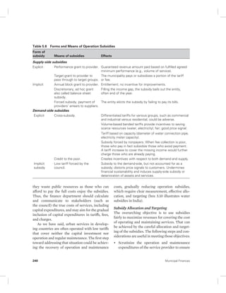 Table 5.8 Forms and Means of Operation Subsidies 
Form of 
subsidy Means of subsidies Effects 
Supply-side subsidies 
Explicit Performance grant to provider. Guaranteed revenue amount paid based on fulfilled agreed 
minimum performance (e.g., volume of service). 
Target grant to provider to 
pass through to target groups. 
The municipality pays or subsidizes a portion of the tariff 
or fee. 
Implicit Annual block grant to provider. Entitlement; no incentive for improvements. 
Discretionary, ad hoc grant 
also called balance sheet 
subsidy. 
Filling the income gap, the subsidy bails out the entity, 
often end of the year. 
Forced subsidy, payment of 
providers’ arrears to suppliers. 
The entity elicits the subsidy by failing to pay its bills. 
Demand-side subsidies 
Explicit Cross-subsidy. Differentiated tariffs for various groups, such as commercial 
and industrial versus residential; could be adverse. 
Volume-based banded tariffs provide incentives to saving 
scarce resources (water, electricity); fair; good price signal. 
Tariff based on capacity (diameter of water connection pipe, 
electricity meter capacity). 
Subsidy forced by nonpayers. When fee collection is poor, 
those who pay in fact subsidize those who avoid payment. 
A tariff increase to cover the missing income would further 
charge those who are already paying. 
Credit to the poor. Creates incentives with respect to both demand and supply. 
Implicit 
subsidy 
Low tariff forced by the 
council. 
Subsidy to the demand-side, but not accounted for as a 
subsidy; distorts price signals to customers. Undermines 
financial sustainability and induces supply-side subsidy or 
deterioration of assets and services. 
they waste public resources as those who can 
afford to pay the full costs enjoy the subsidies. 
Thus, the finance department should calculate 
and communicate to stakeholders (such as 
the council) the true costs of services, including 
capital expenditures, and may aim for the gradual 
inclusion of capital expenditures in tariffs, fees, 
and charges. 
As we have said, urban services in develop-ing 
countries are often operated with low tariffs 
that cover neither the capital investment nor 
operation and regular maintenance. The first step 
toward addressing that situation could be achiev-ing 
the recovery of operation and maintenance 
costs, gradually reducing operation subsidies, 
which require clear measurement, effective allo-cation, 
and targeting (box 5.10 illustrates water 
subsidies in India). 
Subsidy Allocation and Targeting 
The overarching objective is to use subsidies 
fairly to maximize revenues for covering the cost 
of operating and maintaining services. That can 
be achieved by the careful allocation and target-ing 
of the subsidies. The following steps and con-siderations 
are useful in meeting those objectives: 
• Scrutinize the operation and maintenance 
expenditures of the service provider to ensure 
240 Municipal Finances 
 