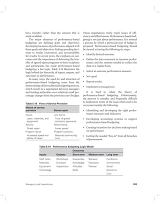 buys (results) rather than the amount that is 
made available. 
The major elements of performance-based 
budgeting are defining goals and objectives, 
developing measures of performance aligned with 
those goals and objectives, linking spending deci-sions 
to results (outcomes), and accountability 
for results. In recent years, the emphasis on out-comes 
and the importance of delivering the ben-efits 
of agreed-upon programs to their recipients 
and participants has made performance-based 
budgeting a hot topic. Table 5.19 illustrates the 
logic behind the hierarchy of inputs, outputs, and 
outcomes or performance. 
In many ways, the need for and attraction of 
performance-based budgeting come from the 
shortcomings of the traditional budgeting process, 
which results in a negotiation between managers 
and funding authorities over relatively small per-centage 
changes from the previous year’s budget. 
Those negotiations rarely reach issues of effi-ciency 
and effectiveness. Performance-based bud-geting 
is not just about performance. It is instead 
a process by which a particular type of budget is 
prepared. Performance-based budgeting should 
be viewed as having the following six steps: 
• Identify desired outcome. 
• Define the data necessary to measure perfor-mance 
and the systems needed to collect the 
data on a regular basis. 
• Select an outcome performance measure. 
• Set a goal. 
• Report results. 
• Implement consequences. 
It is hard to refute the theory of 
performance-based budgeting. Unfortunately, 
the process is complex and frequently difficult 
to implement. Some of the issues that need to be 
overcome include the following: 
• Identifying and developing the right perfor-mance 
measures and indicators 
• Developing accounting systems to support 
performance-based budgeting 
• Creating incentives for decision making based 
on performance 
• Getting the needed “buy-in” from all branches 
of government 
Table 5.18 Flow of Service Provision 
Nature of service 
provision Street repair 
Inputs: 
Labor, materials, and 
equipment 
Line items: 
Tons of gravel; 
contractor payments 
Activity: 
Street repair 
Performance: 
Lanes paved 
Program result: 
Increased speed and 
safety of travel 
Program outcome: 
Reduced commuting 
time 
Table 5.19 Performance Budgeting Logic Model 
Inputs Outputs 
Outcomes 
Short term Medium term Long term 
Staff costs 
Materials 
Equipment 
Technology 
Workshops 
Outreach 
Inspections 
Awareness 
Knowledge 
Attitudes 
Skills 
Behavior 
Decisions 
Policies 
Conditions 
Environment 
Social 
Economic 
Civic 
Managing Local Expenditures 263 
 