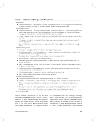 Table 6.2 Framework for Strategic Asset Management 
Inventorying 
• Develop and maintain comprehensive records of properties owned by the local government (including 
properties managed and used by various municipal departments and enterprises). 
Analytical Accounting 
• Develop and maintain a property management and accounting system on a property-by-property basis 
(including all revenues, costs, and occupancy/tenant records), specifically for the purpose of asset 
management (should not be confused with the bookkeeping records). 
• Include the value of each property in the accounting database and include financial liens against each 
property. 
• Formalize in writing the contractual relationships regarding property with all tenants and users of 
municipal property. 
• Use private sector property management approaches for improving government property manage-ment. 
Portfolio Management 
• Formulate a strategic role for real estate in attaining municipal goals. 
• Develop classification of real estate by its role in performing governmental functions and apply this 
classification while conducting an inventory. 
• Develop and use class-specific financial tools and performance standards. 
• Monitor property and portfolio financial performance. 
• Implement a portfolio management approach, including proactive management of social use and 
surplus portfolios. 
• Make transparent rules on how municipal property (including land) is allocated to third-party (private, 
nongovernmental) users. 
• Develop and implement policies aimed at rationing property demands and consumption by govern-mental 
departments and social users. 
• Introduce a transparent process of multiyear capital investment planning. 
• Make asset managers accountable through regular reporting. 
Strategy and Implementation 
• Develop and implement an asset management strategy as a guiding document. 
• Establish a centralized real estate authority for overseeing or direct control over asset management. 
• Devise written policies and decision-making roles for the acquisition, holding, and disposition of 
assets. 
• Develop in-house real estate expertise and use outside real estate professionals as needed. 
• Set up incentives for more efficient use and management of municipal property assets. 
Source: Kaganova 2008. 
as size, location, ownership, and use, but also 
any rent contract and revenues; the date, nature, 
and cost of main refurbishments and replace-ments; 
and even scheduled future renovations 
four to five years ahead. Municipalities in the 
developing world often lack analytic records 
and correspondingly lack strategic manage-ment. 
They can only react to negative events, 
for example, having to repair a water main after 
it has exploded. Without scheduled cleaning of 
sewer mains, in many Asian cities from Karachi 
to Dhaka clogged mains cause a mix of storm 
Managing Local Assets 283 
 
