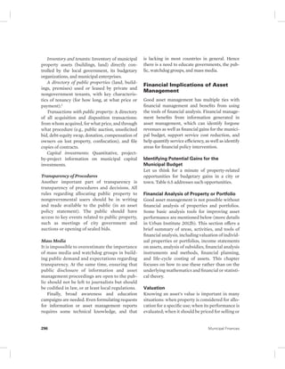 Inventory and tenants: Inventory of municipal 
property assets (buildings, land) directly con-trolled 
by the local government, its budgetary 
organizations, and municipal enterprises. 
A directory of public properties (land, build-ings, 
premises) used or leased by private and 
nongovernment tenants, with key characteris-tics 
of tenancy (for how long, at what price or 
payment).1 
Transactions with public property: A directory 
of all acquisition and disposition transactions: 
from whom acquired, for what price, and through 
what procedure (e.g., public auction, unsolicited 
bid, debt-equity swap, donation, compensation of 
owners on lost property, confiscation), and file 
copies of contracts. 
Capital investments: Quantitative, project-by- 
project information on municipal capital 
investments. 
Transparency of Procedures 
Another important part of transparency is 
transparency of procedures and decisions. All 
rules regarding allocating public property to 
nongovernmental users should be in writing 
and made available to the public (in an asset 
policy statement). The public should have 
access to key events related to public property, 
such as meetings of city government and 
auctions or opening of sealed bids. 
Mass Media 
It is impossible to overestimate the importance 
of mass media and watchdog groups in build-ing 
public demand and expectations regarding 
transparency. At the same time, ensuring that 
public disclosure of information and asset 
management proceedings are open to the pub-lic 
should not be left to journalists but should 
be codified in law, or at least local regulations. 
Finally, broad awareness and education 
campaigns are needed. Even formulating requests 
for information or asset management reports 
requires some technical knowledge, and that 
is lacking in most countries in general. Hence 
there is a need to educate governments, the pub-lic, 
watchdog groups, and mass media. 
Financial Implications of Asset 
Management 
Good asset management has multiple ties with 
financial management and benefits from using 
the tools of financial analysis. Financial manage-ment 
benefits from information generated in 
asset management, which can identify forgone 
revenues as well as financial gains for the munici-pal 
budget, support service cost reduction, and 
help quantify service efficiency, as well as identify 
areas for financial policy intervention. 
Identifying Potential Gains for the 
Municipal Budget 
Let us think for a minute of property-related 
opportunities for budgetary gains in a city or 
town. Table 6.5 addresses such opportunities. 
Financial Analysis of Property or Portfolio 
Good asset management is not possible without 
financial analysis of properties and portfolios. 
Some basic analysis tools for improving asset 
performance are mentioned below (more details 
in Urban Institute 2012b). This section offers a 
brief summary of areas, activities, and tools of 
financial analysis, including valuation of individ-ual 
properties or portfolios, income statements 
on assets, analysis of subsidies, financial analysis 
instruments and methods, financial planning, 
and life-cycle costing of assets. This chapter 
focuses on how to use these rather than on the 
underlying mathematics and financial or statisti-cal 
theory. 
Valuation 
Knowing an asset’s value is important in many 
situations: when property is considered for allo-cation 
for a specific use; when its performance is 
evaluated; when it should be priced for selling or 
296 Municipal Finances 
 