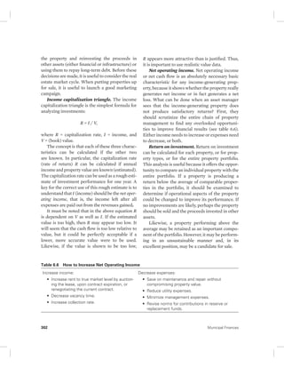 the property and reinvesting the proceeds in 
other assets (either financial or infrastructure) or 
using them to repay long-term debt. Before these 
decisions are made, it is useful to consider the real 
estate market cycle. When putting properties up 
for sale, it is useful to launch a good marketing 
campaign. 
Income capitalization triangle. The income 
capitalization triangle is the simplest formula for 
analyzing investments: 
R = I / V, 
where R = capitalization rate, I = income, and 
V = (book) value. 
The concept is that each of these three charac-teristics 
can be calculated if the other two 
are known. In particular, the capitalization rate 
(rate of return) R can be calculated if annual 
income and property value are known (estimated). 
The capitalization rate can be used as a rough esti-mate 
of investment performance for one year. A 
key for the correct use of this rough estimate is to 
understand that I (income) should be the net oper-ating 
income, that is, the income left after all 
expenses are paid out from the revenues gained. 
It must be noted that in the above equation R 
is dependent on V as well as I. If the estimated 
value is too high, then R may appear too low. It 
will seem that the cash flow is too low relative to 
value, but it could be perfectly acceptable if a 
lower, more accurate value were to be used. 
Likewise, if the value is shown to be too low, 
R appears more attractive than is justified. Thus, 
it is important to use realistic value data. 
Net operating income. Net operating income 
or net cash flow is an absolutely necessary basic 
characteristic for any income-generating prop-erty, 
because it shows whether the property really 
generates net income or in fact generates a net 
loss. What can be done when an asset manager 
sees that the income-generating property does 
not produce satisfactory returns? First, they 
should scrutinize the entire chain of property 
management to find any overlooked opportuni-ties 
to improve financial results (see table 6.6). 
Either income needs to increase or expenses need 
to decrease, or both. 
Return on investment. Return on investment 
can be calculated for each property, or for prop-erty 
types, or for the entire property portfolio. 
This analysis is useful because it offers the oppor-tunity 
to compare an individual property with the 
entire portfolio. If a property is producing a 
return below the average of comparable proper-ties 
in the portfolio, it should be examined to 
determine if operational aspects of the property 
could be changed to improve its performance. If 
no improvements are likely, perhaps the property 
should be sold and the proceeds invested in other 
assets. 
Likewise, a property performing above the 
average may be retained as an important compo-nent 
of the portfolio. However, it may be perform-ing 
in an unsustainable manner and, in its 
excellent position, may be a candidate for sale. 
Table 6.6 How to Increase Net Operating Income 
Increase income: 
• Increase rent to true market level by auction-ing 
the lease, upon contract expiration, or 
renegotiating the current contract. 
• Decrease vacancy time. 
• Increase collection rate. 
Decrease expenses: 
• Save on maintenance and repair without 
compromising property value. 
• Reduce utility expenses. 
• Minimize management expenses. 
• Revise norms for contributions in reserve or 
replacement funds. 
302 Municipal Finances 
 