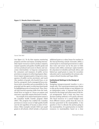 Figure 1.1 Results Chain in Education 
Program objectives Inputs Intermediate inputs 
Improve quantity, quality, 
and access to education 
Outputs Outcomes Impacts Research 
Achievement 
scores, graduation 
rates, dropout 
Source: Shah 2007. 
services 
Education spending by 
age, gender, urban/rural; 
spending by grade level 
and number of teachers, 
staff, facilities, books 
rates 
Literacy rates; 
supply of skilled 
professionals 
(see figure 1.1). To do that requires monitoring 
program activities and inputs, including interme-diate 
inputs (resources used to produce outputs); 
outputs (quantity and quality of public goods and 
services produced and access to them); and out-comes 
(intermediate- to long-run consequences 
for consumers and taxpayers of public service 
provision or progress in achieving program objec-tives); 
impact (program goals or long-term conse-quences 
of public service provision); and reach 
(the numbers of people who benefit from, or are 
hurt by, a program). Such a managerial focus rein-forces 
joint ownership and accountability by the 
principal and the agent in achieving shared goals 
by highlighting terms of mutual trust. Thus, inter-nal 
and external reporting shifts from the tradi-tional 
focus on inputs to a focus on outputs and 
outcomes, especially outputs that lead to results. 
An example of an output-based grant system is 
the Canadian health transfer program (Shah 
2007). The program has enabled the Canadian 
provinces to ensure access to high-quality health 
care for all, regardless of income or place of resi-dence. 
Other examples include Chile’s per pupil 
grants to all schools, which include a 25 percent 
Enrollment, 
student/teacher ratio, 
class size 
Informed citizens, 
civic engagement, 
enhanced 
international 
competitiveness 
Winners and 
losers from 
government 
programs 
additional grant as a salary bonus for teachers in 
the best-performing schools (Gonzalez 2005); a 
central grant to municipal governments to subsi-dize 
water and sewer use by the poor in Chile 
(Gomez-Lobo 2001); central per capita transfers 
for education in Colombia and South Africa; and 
federal per pupil grants to states for secondary 
education and to municipalities for primary edu-cation 
in Brazil (Gordon and Vegas 2004). 
Institutional Settings in the Design of 
Transfers 
Designing intergovernmental transfers is not a 
simple task. The central government may choose 
to take up the transfer design or may delegate it to 
an independent entity. A separate body may be 
involved in the design and enforcement of the fis-cal 
arrangements. Such a body may have true 
decision-making authority or be purely advisory. 
The fiscal resources of a central budget come 
from different sources, partly from the taxes on 
incomes generated in the municipalities. A key 
question is how to allocate the portion going to 
the municipalities. It is good practice to transfer 
resources to municipalities based on a clear 
20 Municipal Finances 
 