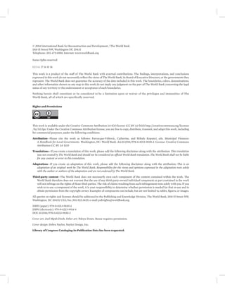 © 2014 International Bank for Reconstruction and Development / The World Bank 
1818 H Street NW, Washington DC 20433 
Telephone: 202-473-1000; Internet: www.worldbank.org 
Some rights reserved 
1 2 3 4 17 16 15 14 
This work is a product of the staff of The World Bank with external contributions. The findings, interpretations, and conclusions 
expressed in this work do not necessarily reflect the views of The World Bank, its Board of Executive Directors, or the governments they 
represent. The World Bank does not guarantee the accuracy of the data included in this work. The boundaries, colors, denominations, 
and other information shown on any map in this work do not imply any judgment on the part of The World Bank concerning the legal 
status of any territory or the endorsement or acceptance of such boundaries. 
Nothing herein shall constitute or be considered to be a limitation upon or waiver of the privileges and immunities of The 
World Bank, all of which are specifically reserved. 
Rights and Permissions 
This work is available under the Creative Commons Attribution 3.0 IGO license (CC BY 3.0 IGO) http://creativecommons.org/licenses 
/by/3.0/igo. Under the Creative Commons Attribution license, you are free to copy, distribute, transmit, and adapt this work, including 
for commercial purposes, under the following conditions: 
Attribution—Please cite the work as follows: Farvacque-Vitkovic, Catherine, and Mihaly Kopanyi, eds. Municipal Finances: 
A Handbook for Local Governments. Washington, DC: World Bank. doi:10.1596/978-0-8213-9830-2. License: Creative Commons 
Attribution CC BY 3.0 IGO 
Translations—If you create a translation of this work, please add the following disclaimer along with the attribution: This translation 
was not created by The World Bank and should not be considered an official World Bank translation. The World Bank shall not be liable 
for any content or error in this translation. 
Adaptations—If you create an adaptation of this work, please add the following disclaimer along with the attribution: This is an 
adaptation of an original work by The World Bank. Responsibility for the views and opinions expressed in the adaptation rests solely 
with the author or authors of the adaptation and are not endorsed by The World Bank. 
Third-party content—The World Bank does not necessarily own each component of the content contained within the work. The 
World Bank therefore does not warrant that the use of any third-party-owned individual component or part contained in the work 
will not infringe on the rights of those third parties. The risk of claims resulting from such infringement rests solely with you. If you 
wish to re-use a component of the work, it is your responsibility to determine whether permission is needed for that re-use and to 
obtain permission from the copyright owner. Examples of components can include, but are not limited to, tables, figures, or images. 
All queries on rights and licenses should be addressed to the Publishing and Knowledge Division, The World Bank, 1818 H Street NW, 
Washington, DC 20433, USA; fax: 202-522-2625; e-mail: pubrights@worldbank.org. 
ISBN (paper): 978-0-8213-9830-2 
ISBN (electronic): 978-0-8213-9914-9 
DOI: 10.1596/978-0-8213-9830-2 
Cover art: Joel Mpah Dooh. Other art: Ndoye Douts. Reuse requires permission. 
Cover design: Debra Naylor, Naylor Design, Inc. 
Library of Congress Cataloging-in-Publication Data has been requested. 
 