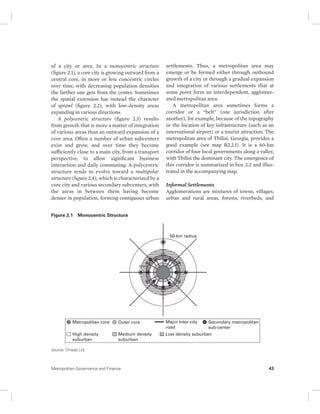 of a city or area. In a monocentric structure 
(figure 2.1), a core city is growing outward from a 
central core, in more or less concentric circles 
over time, with decreasing population densities 
the farther one gets from the center. Sometimes 
the spatial extension has instead the character 
of sprawl (figure 2.2), with low-density areas 
expanding in various directions. 
A polycentric structure (figure 2.3) results 
from growth that is more a matter of integration 
of various areas than an outward expansion of a 
core area. Often a number of urban subcenters 
exist and grow, and over time they become 
sufficiently close to a main city, from a transport 
perspective, to allow significant business 
interaction and daily commuting. A polycentric 
structure tends to evolve toward a multipolar 
structure (figure 2.4), which is characterized by a 
core city and various secondary subcenters, with 
the areas in between them having become 
denser in population, forming contiguous urban 
settlements. Thus, a metropolitan area may 
emerge or be formed either through outbound 
growth of a city or through a gradual expansion 
and integration of various settlements that at 
some point form an interdependent, agglomer-ated 
metropolitan area. 
A metropolitan area sometimes forms a 
corridor or a “belt” (one jurisdiction after 
another), for example, because of the topography 
or the location of key infrastructure (such as an 
international airport) or a tourist attraction. The 
metropolitan area of Tbilisi, Georgia, provides a 
good example (see map B2.2.1). It is a 60-km 
corridor of four local governments along a valley, 
with Tbilisi the dominant city. The emergence of 
this corridor is summarized in box 2.2 and illus-trated 
in the accompanying map. 
Informal Settlements 
Agglomerations are mixtures of towns, villages, 
urban and rural areas, forests, riverbeds, and 
Figure 2.1 Monocentric Structure 
Metropolitan core 
High density 
suburban 
Source: Chreod Ltd. 
50-km radius 
Major Inter-city 
road 
25 km 
Outer core 
Medium density 
suburban 
Secondary metropolitan 
sub-center 
Low density suburban 
Metropolitan Governance and Finance 43 
 