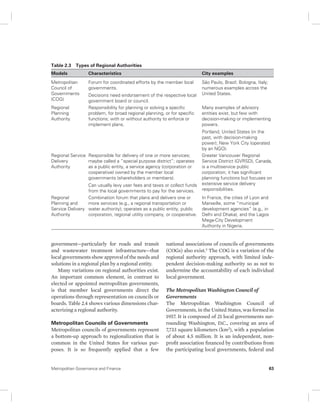 Table 2.3 Types of Regional Authorities 
Models Characteristics City examples 
Metropolitan 
Council of 
Governments 
(COG) 
Forum for coordinated efforts by the member local 
governments. 
Decisions need endorsement of the respective local 
government board or council. 
Regional 
Planning 
Authority 
Responsibility for planning or solving a specific 
problem, for broad regional planning, or for specific 
functions; with or without authority to enforce or 
implement plans. 
Regional Service 
Delivery 
Authority 
Responsible for delivery of one or more services; 
maybe called a “special purpose district”; operates 
as a public entity, a service agency (corporation or 
cooperative) owned by the member local 
governments (shareholders or members). 
Can usually levy user fees and taxes or collect funds 
from the local governments to pay for the services. 
Regional 
Planning and 
Service Delivery 
Authority 
Combination forum that plans and delivers one or 
more services (e.g., a regional transportation or 
water authority); operates as a public entity, public 
corporation, regional utility company, or cooperative. 
government—particularly for roads and transit 
and wastewater treatment infrastructure—that 
local governments show approval of the needs and 
solutions in a regional plan by a regional entity. 
Many variations on regional authorities exist. 
An important common element, in contrast to 
elected or appointed metropolitan governments, 
is that member local governments direct the 
operations through representation on councils or 
boards. Table 2.4 shows various dimensions char-acterizing 
a regional authority. 
Metropolitan Councils of Governments 
Metropolitan councils of governments represent 
a bottom-up approach to regionalization that is 
common in the United States for various pur-poses. 
It is so frequently applied that a few 
São Paulo, Brazil; Bologna, Italy; 
numerous examples across the 
United States. 
Many examples of advisory 
entities exist, but few with 
decision-making or implementing 
powers. 
Portland, United States (in the 
past, with decision-making 
power); New York City (operated 
by an NGO). 
Greater Vancouver Regional 
Service District (GVRSD), Canada, 
is a multiservice public 
corporation; it has significant 
planning functions but focuses on 
extensive service delivery 
responsibilities. 
In France, the cities of Lyon and 
Marseille, some “municipal 
development agencies” (e.g., in 
Delhi and Dhaka), and the Lagos 
Mega-City Development 
Authority in Nigeria. 
national associations of councils of governments 
(COGs) also exist.3 The COG is a variation of the 
regional authority approach, with limited inde-pendent 
decision-making authority so as not to 
undermine the accountability of each individual 
local government. 
The Metropolitan Washington Council of 
Governments 
The Metropolitan Washington Council of 
Governments, in the United States, was formed in 
1957. It is composed of 21 local governments sur-rounding 
Washington, D.C., covering an area of 
7,733 square kilometers (km2), with a population 
of about 4.5 million. It is an independent, non-profit 
association financed by contributions from 
the participating local governments, federal and 
Metropolitan Governance and Finance 63 
 