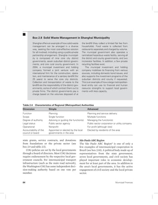 Box 2.8 Solid Waste Management in Shanghai Municipality 
Shanghai offers an example of how solid waste 
management can be arranged in a diverse 
way, seeking the most cost-effective solution 
for all involved, including using a public-private 
partnership arrangement. Shanghai municipal-ity 
is composed of nine core city district 
governments, seven suburban district govern-ments, 
and one rural county government. In 
2004, a municipal investment and holding 
company formed a joint venture with an 
international firm for the construction, opera-tion, 
and maintenance of a sanitary landfill (for 
25 years) to serve the core city districts. 
Collection and transportation of waste to the 
landfill are the responsibility of the district gov-ernments, 
some of which contract them out to 
private firms. The district governments pay a 
charge based on the volumes disposed of at 
the landfill (they collect a limited flat fee from 
households). Food waste is collected from 
restaurants separately and charged by volume. 
The municipal government also operates a 
centralized hazardous waste facility, serving all 
the district and county governments, and two 
incinerator facilities. In addition, a few private 
recycling facilities exist. 
The municipal investment and holding 
company mobilizes its financing from various 
sources, including domestic bond issues, and 
also supports the investment programs of the 
suburban districts and county if requested. 
This is an example of how a large metropolitan-level 
entity can use its financial and human 
resource strengths to support local govern-ments 
with less capacity. 
Table 2.4 Characteristics of Regional (Metropolitan) Authorities 
Dimension Simple Advanced 
Function Planning Planning and service delivery 
Scope Single function Multiple functions 
Degree of authority Advising or guiding the function(s) Managing the function(s) 
Legal status Public sector agency Public sector corporation or utility company 
Operational Nonprofit For profit (although rare) 
Accountability of the 
Appointed or elected by the local 
Elected by residents of the area 
council or board 
governments in the area 
state grants, service contracts, and donations 
from foundations or the private sector (see 
box 2.9 and table 2.5). 
COG policies are set by the local governments 
through a board of directors. Most COG decisions 
require endorsement by the respective local gov-ernment 
councils. For intermunicipal transport 
infrastructure (such as the main road network), 
the Washington COG has some independent deci-sion- 
making authority based on one vote per 
member. 
São Paulo ABC Region 
The São Paulo ABC Region4 is one of only a 
few examples of intermunicipal cooperation in 
Brazil (see box 2.10). A political body made up of 
representatives from the state government, 
seven local governments, and civil society has 
played important roles in economic develop-ment 
for at least part of the area. In addition to 
the area’s local governments, it has the active 
engagement of civil society and the local private 
sector. 
64 Municipal Finances 
 