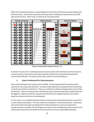 20
Whenthe simulatedtemperature isabove 30degreesFahrenheit,the FSOcommunicationlightswitch
will be turnedon. On the otherhand,whenthe temperature is30 degreesFahrenheitorless,the RF
lightswitchwill be on. RefertoFig.17 below foran illustrationof this.
As showninFig.16 and 17, automaticprocessescan be usedto switchmethodsof communicationto
ensure continuity.Furthermore,withmanual overrideswitchesone couldcontrol the methodof
communicationdirectly. Thismaybe useful underaspecificsetof circumstances.
E. Water,Plumbingand Fire Safety Subsystems
Everysmart buildinghasafire safetysysteminstalled. The bestwaytodetectfireswithoutdirect
supervisionisbyusingsmoke detectors. Ionizationsmoke detectorsare apopularchoice fordetecting
smoke because of theirsensitivitytoit. Theyuse a radioactive substance thatgeneratescurrentinside
the detector. If there issmoke presentinthe detector,the currentwill cease toflow andthe alarmwill
be triggered. Underthiscondition,alongwithseveral others,fire mitigationdevicessuchaswater
dispersionsystemstendtoturnonautomatically.
For thisreason,itis incrediblyimportanttohave functionalwaterandplumbingsystemsincase of fire
or otherrelatedcatastrophes. Thismayinclude core meltdownsinnuclearpowerplants. Automation
and control systemsforwater,plumbingandfire safetysubsystemscansave livesandprevent
emergenciesfromescalating. ThisPLCprogramwill create a watermanagementsystemaswell asafire
safetysystemthatutilizesautomationandcontrol practicestoensure sustainabilityandsafety.
Figure 18: Communication Subsystem I/O rack - RF
 