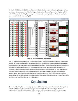 23
In Fig.21 slot8 data entry01, 5.0 mA of currentindicatesthatnosmoke isdisruptingthe alphaparticle
emission –stimulatedcurrentof the ionizingsmoke detector. Conversely,whenthe display reads1.0
mA whichmeansthe ionizingbeamof alphaparticleshasbeendisruptedbysmoke,thusreducingthe
currentwithinthe device. See Fig.22.
The 1.0 mA of current showninFig.22 slot8 data entry01 indicatesthatthe fire detectorhasdetected
smoke. Asshowninslots2 and4, all lightshave beenlituptoindicate the valvesleadingtothe water
distributionnozzles have beenopened. Hence waterisflowingandextinguishingthe fire inthe building.
On topof thisautomaticprocess,the PLC programutilizesdigital switchestoissue variouscontrol
responses. Suchresponsesinclude:activating/deactivatingnozzlesindividually,byfloororaltogether.
Thisis to ensure thatwaterisnot wastedinan eventsuchas a false alarmbut alsoto ensure that
actionscan be takenintothe handsof a humanintervenerwhenthe time isright. Combiningboth
automaticprocesseswithcontrol methodsissuedbydirectsupervisionwill allow forasmarterand safer
environment. See Appendix Eforthe PLC program.
Conclusion
Everysmart buildinghasautomatedprocessesinadditiontovariouscontrol systems. Inthisreportwe
introducedthe conceptof a smart buildingandhow itmightextendtovarioustypesof critical
infrastructure acrossthe UnitedStates. Upondoingso, we identifiednine majorsubsystemswithin
Figure 12: Fire Safety Simulation - Fire Detected
 