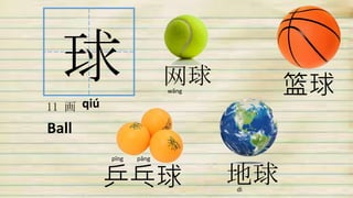 球
11 画
Ball
篮球
地球乒乓球
网球
qiú
wǎng
pīng pāng
dì
 