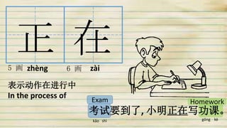 zhèng zài
正 在5 画 6 画
表示动作在进行中
In the process of
考试要到了, 小明正在写功课。
Exam Homework
kǎo shì gōng kè
 